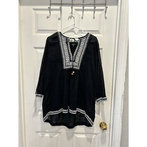 Relativity Black And White Peasant Boho Blouse Embroidered‎ Women’s Large